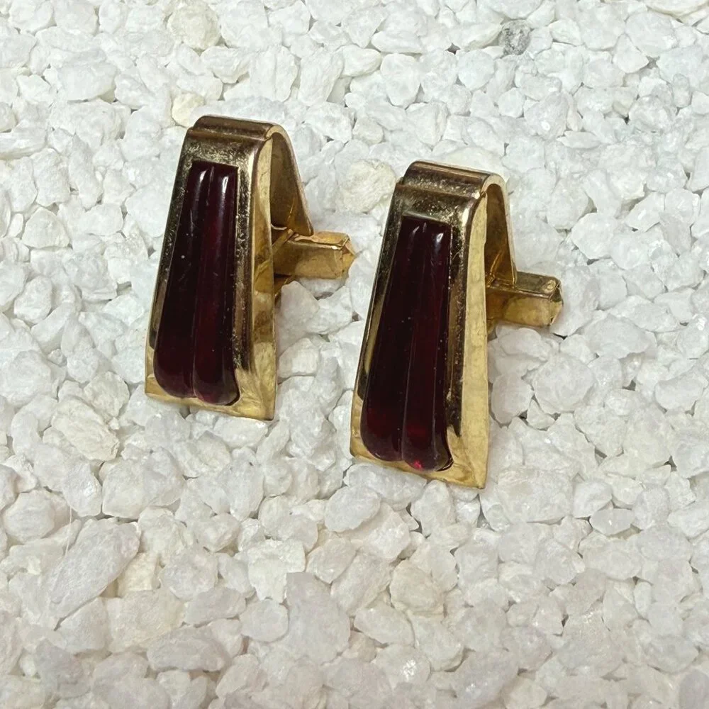 Vintage Mid-Century Anson Gold-Tone Cufflinks Red Lucite Inlay